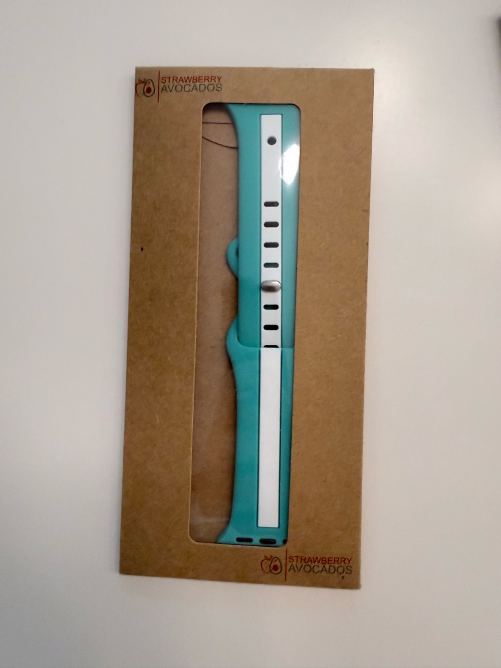 Strawberry Avocados Silicone Apple Watch 45mm Band in Tiffany blue and white.